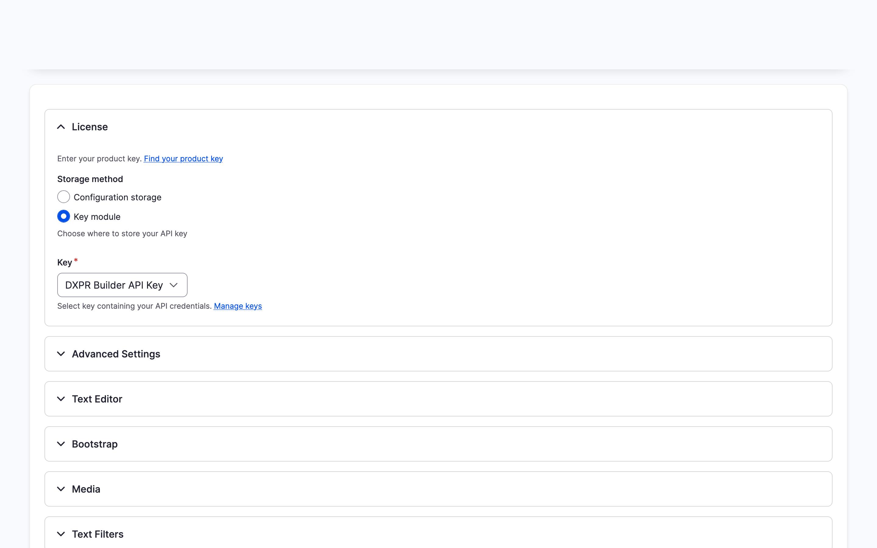 DXPR Builder General Settings tab with licence, text editor, and Bootstrap sections
