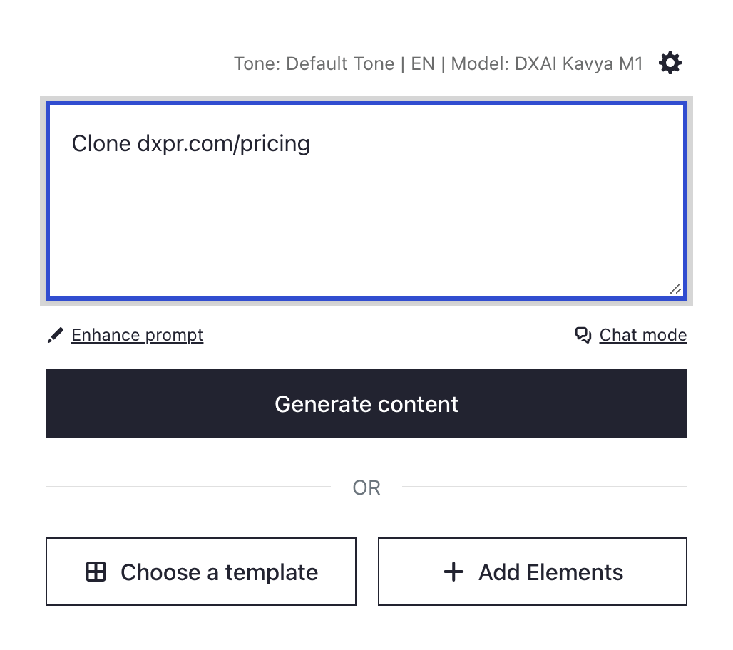 The AI box of an empty page with the request Clone dxpr.com/pricing above the Generate content button