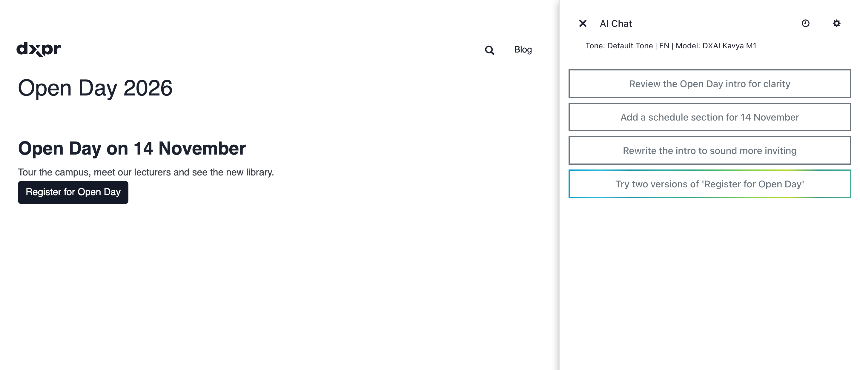 AI Chat sidebar with the suggestion Try two versions of Register for Open Day, beside the page with the Register for Open Day button