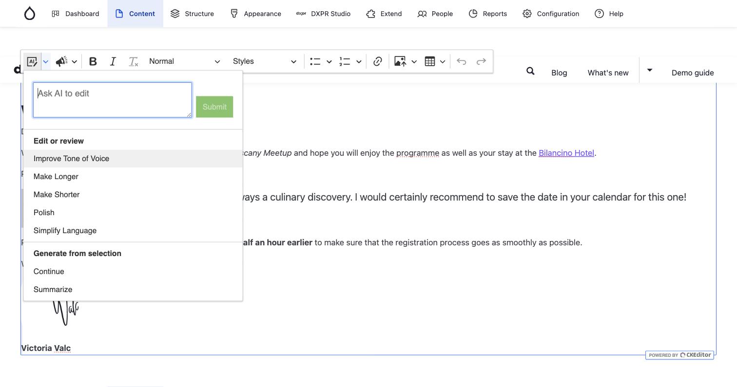 The AI Agent button and its command dropdown in the text toolbar, where it should appear