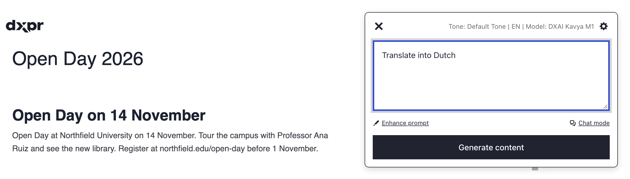 AI Content Generator panel with the request Translate into Dutch, beside the English notice that names Professor Ana Ruiz and northfield.edu/open-day