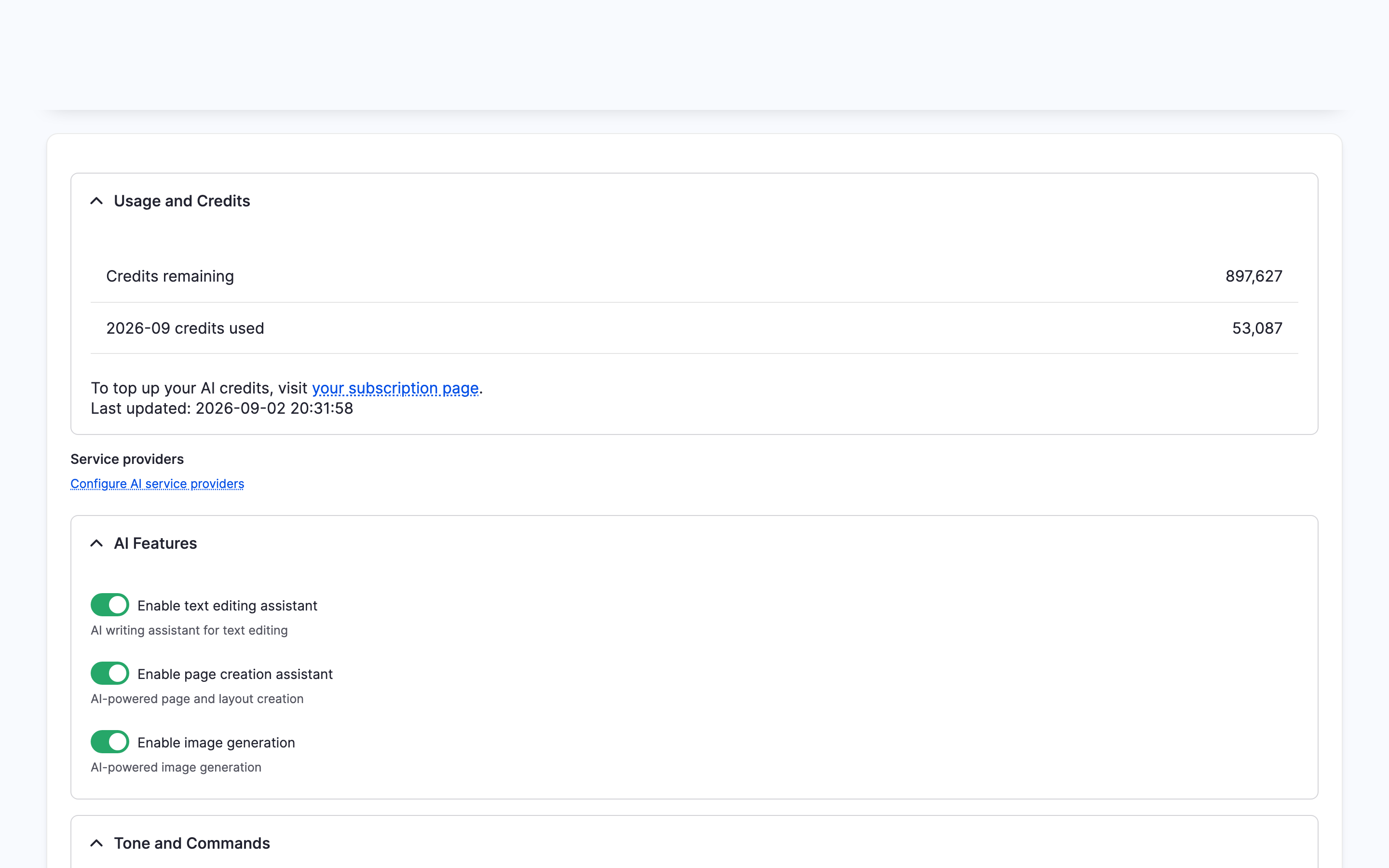 DXPR Builder AI Settings tab showing usage credits and feature toggles