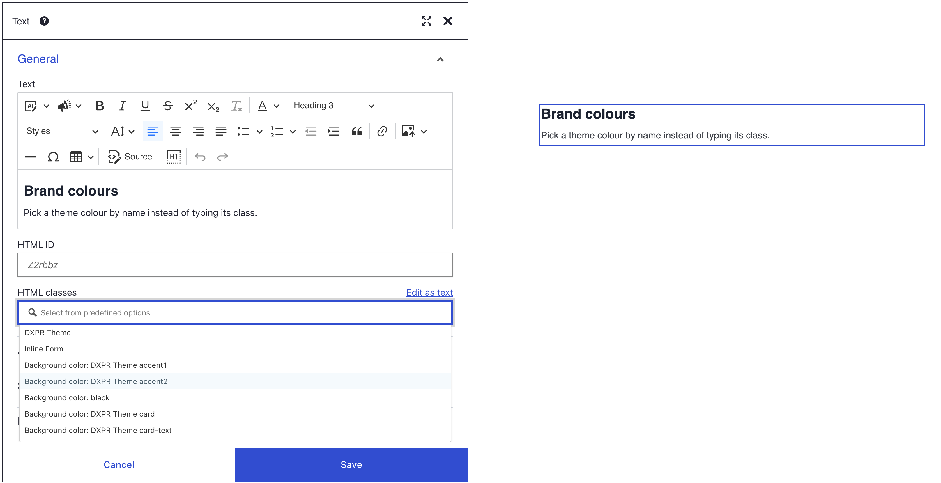 The HTML classes list open in a Text element's General panel, scrolled to the group named DXPR Theme with entries such as Inline Form and Background color: DXPR Theme accent1