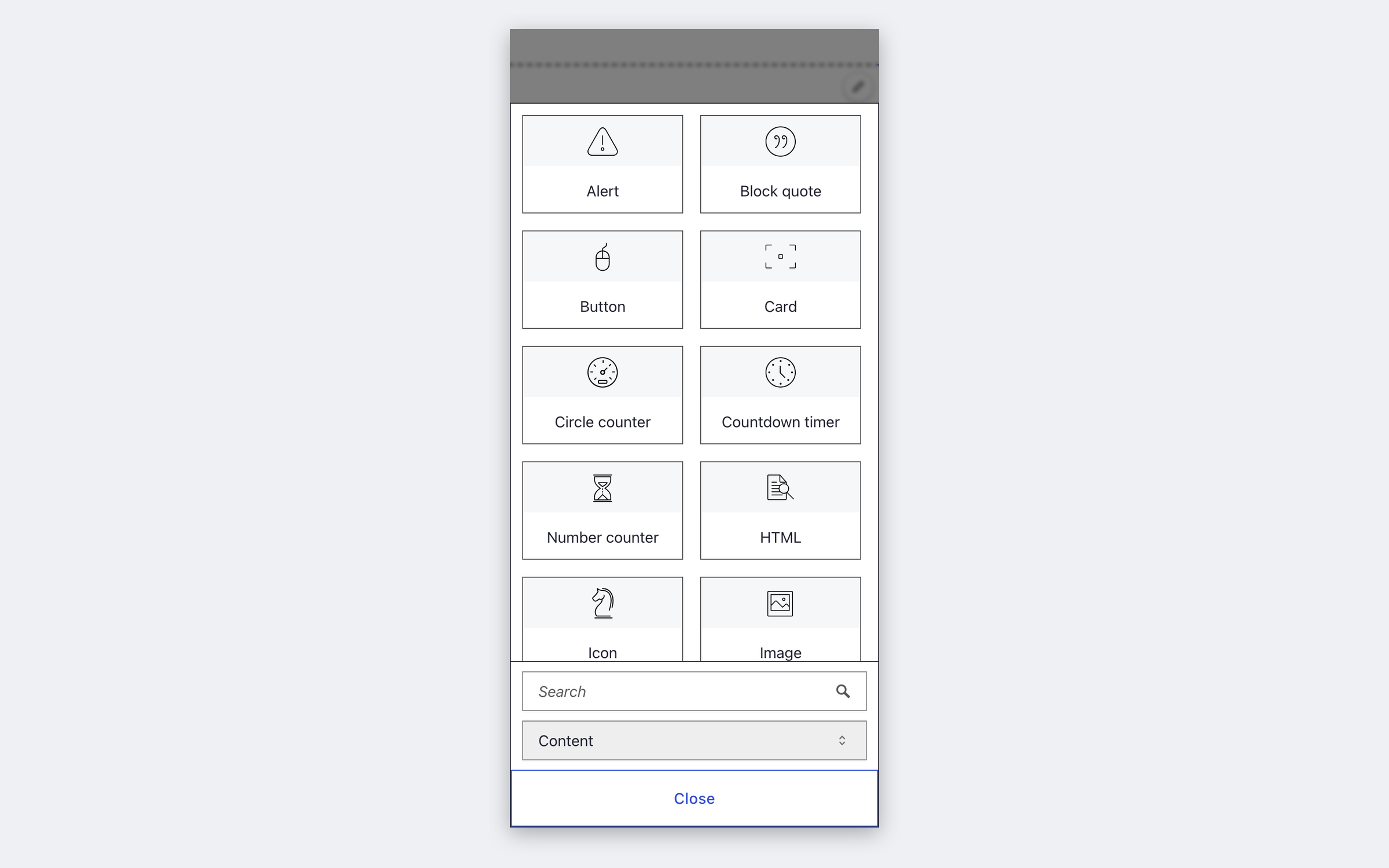 The element picker on a 390 pixel wide phone screen: content tiles in two columns, then a search box, the tab list set to Content and a Close button at the bottom