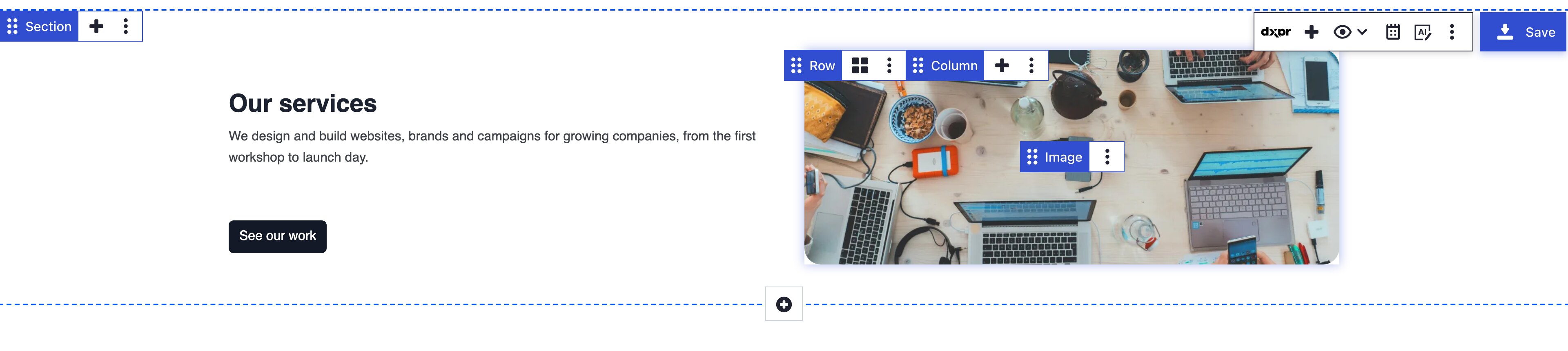 The editing interface with the Section, Row, Column and Image control bars and the toolbar with Save, all clear of the services text