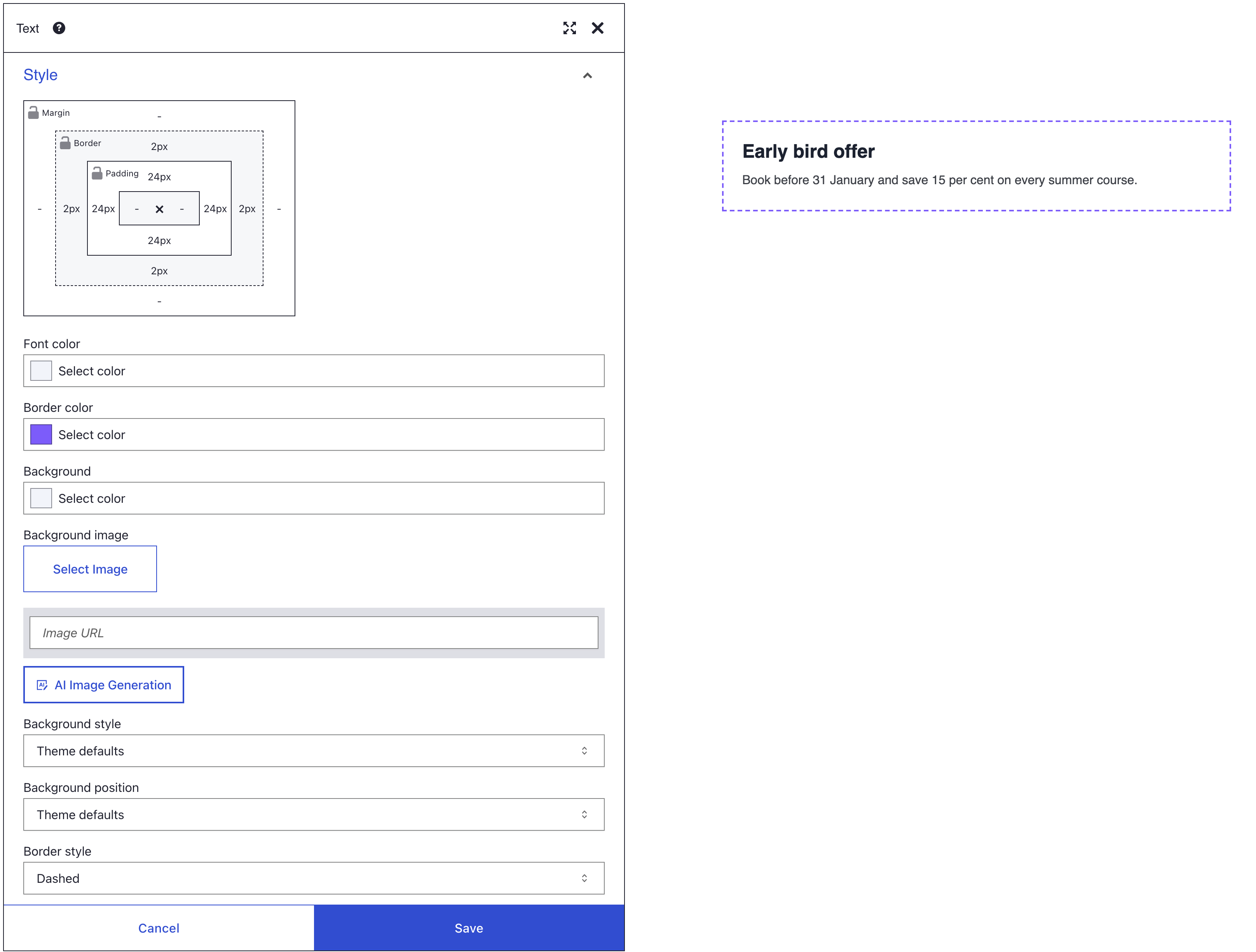 A Text element's Style panel with 2px in the Border ring, a violet Border color chip and Border style Dashed, beside the Early bird offer box with its violet dashed border
