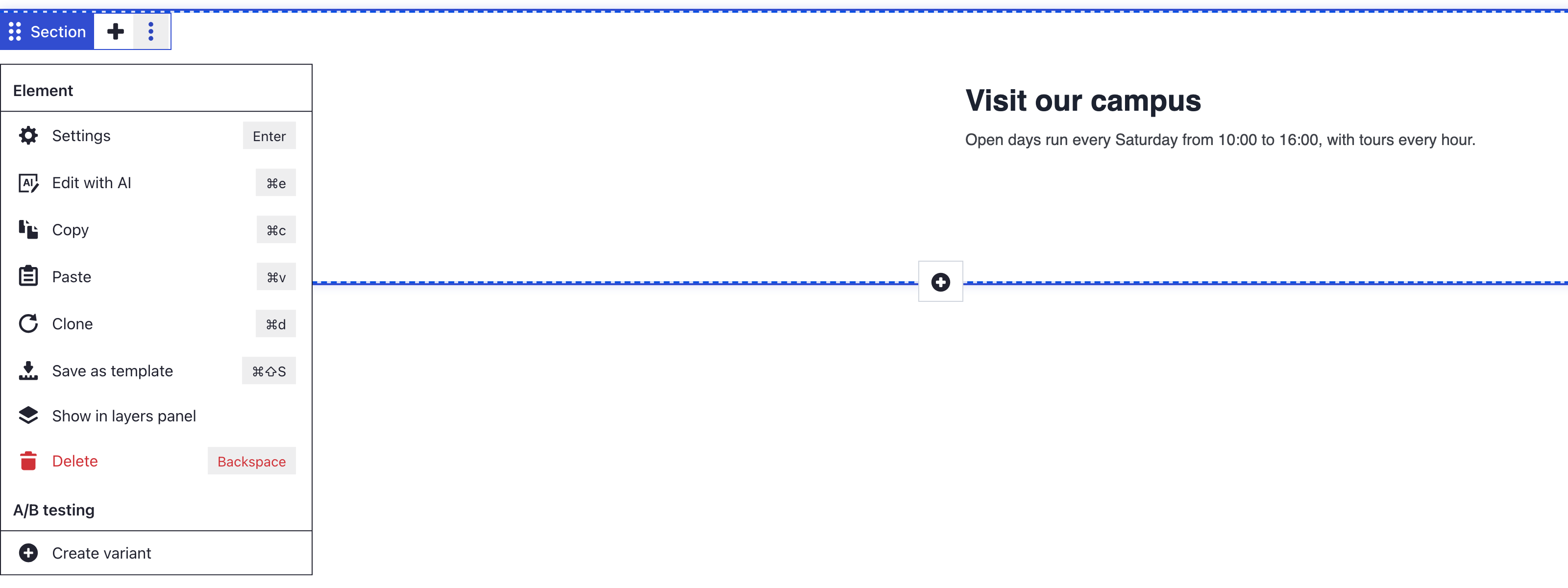 A Section's More menu open below its control bar, with Settings at the top and its Enter shortcut, beside the Visit our campus heading it belongs to
