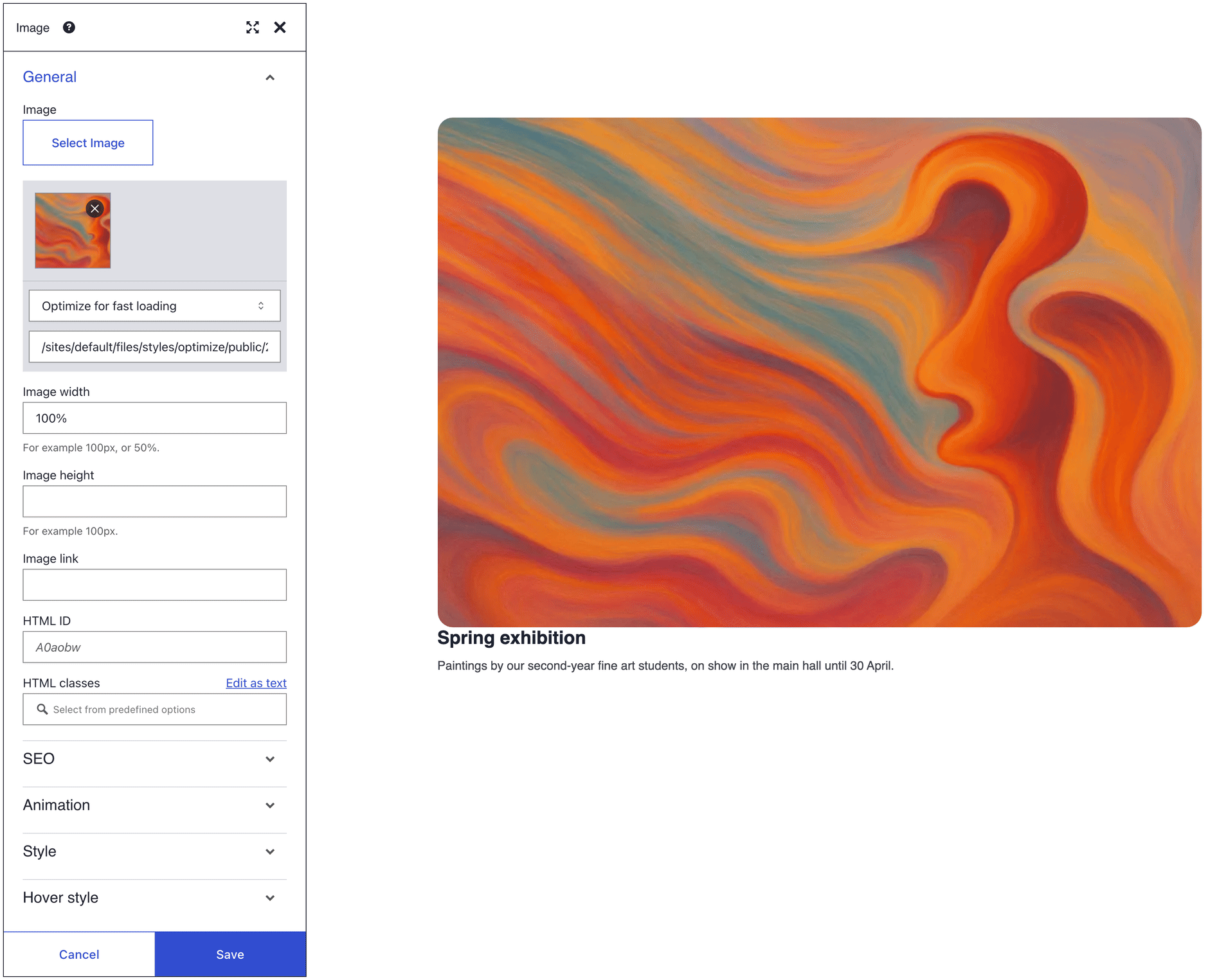 Image element settings dialog with General open and the SEO, Animation, Style and Hover style panels below, beside the orange painting it shows