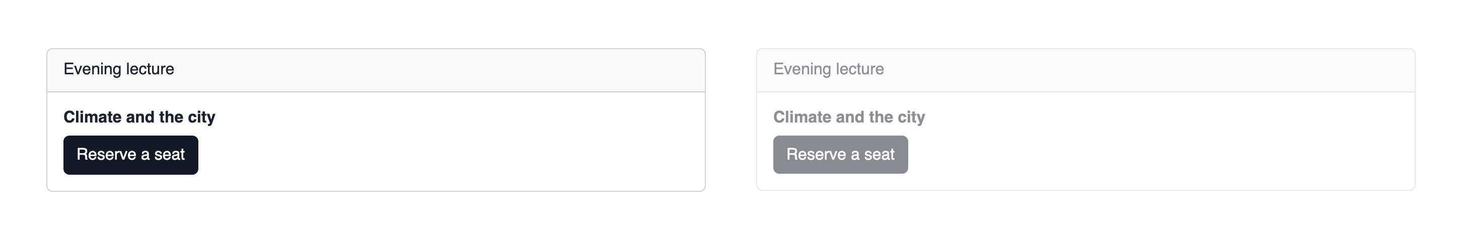 Two identical event cards: the left one at full strength, the right one at Opacity 0.5 with its header, title and Reserve a seat button all faded