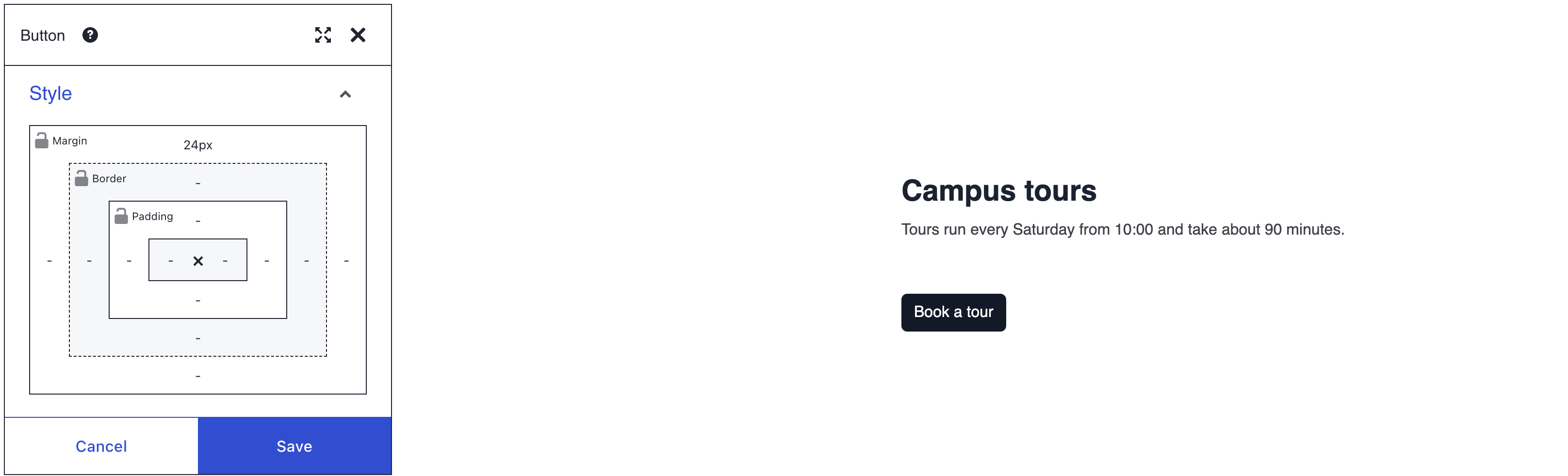 A Button's Style panel with a 24px top Margin in the box model, beside the Book a tour button with room above it, below the Campus tours text