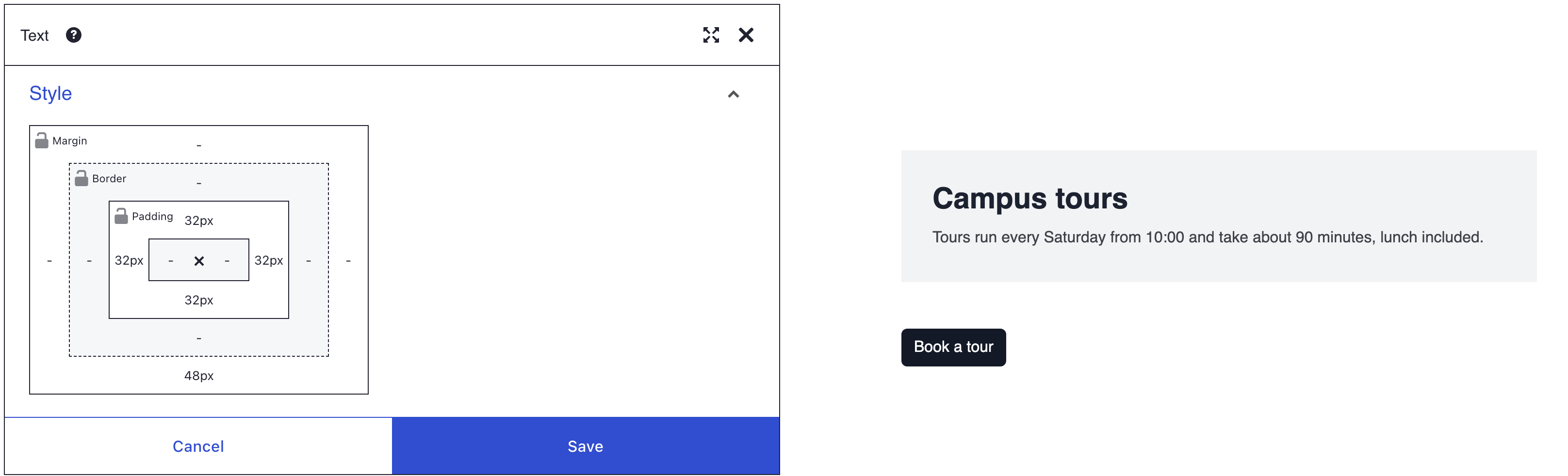 Box model with 32 px padding on every side and a 48 px bottom margin, beside the grey Campus tours block and the button 48 px below it