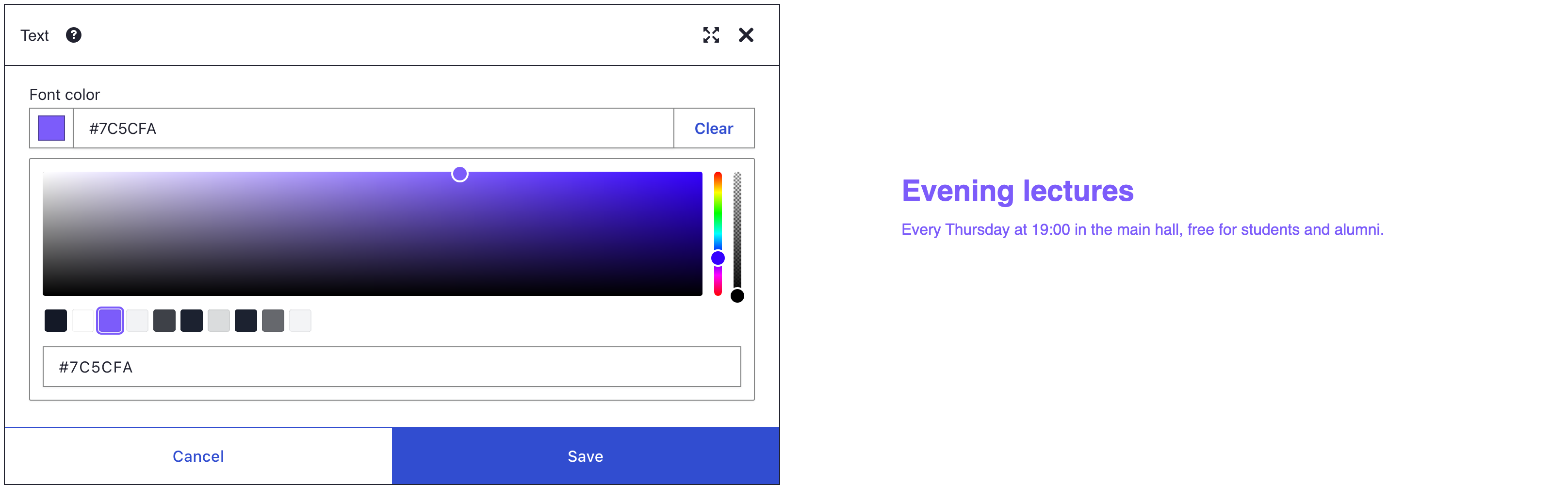 Font color picker open on purple #7C5CFA in a Text element's Style panel, beside its heading and sentence in that purple