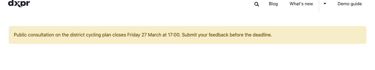Yellow warning alert announcing a public consultation deadline on a landing page