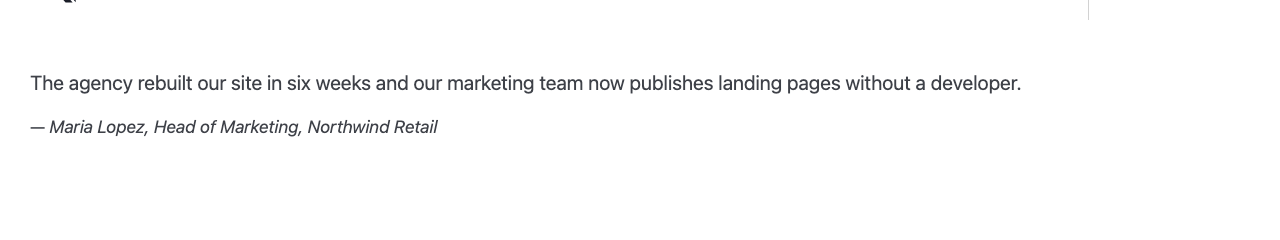 Block quote with testimonial text and attribution on a landing page