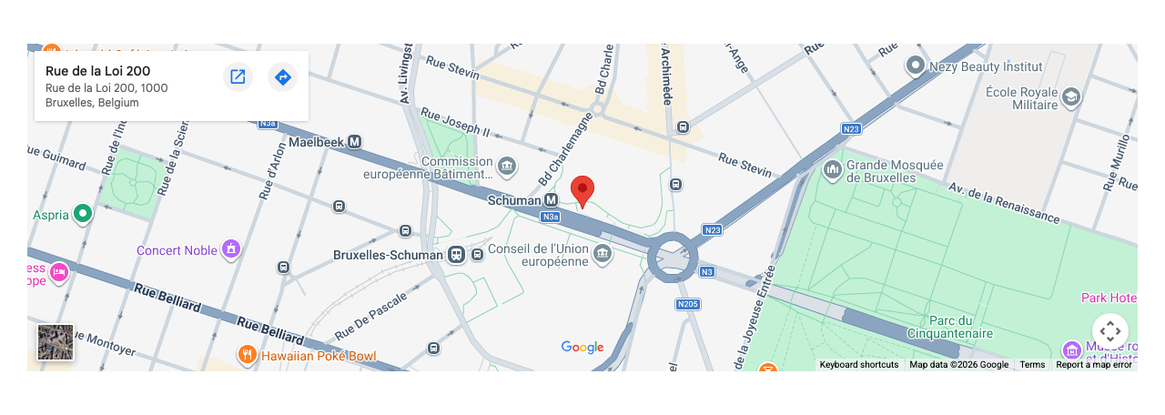 Google Maps embed showing Rue de la Loi 200 in Brussels