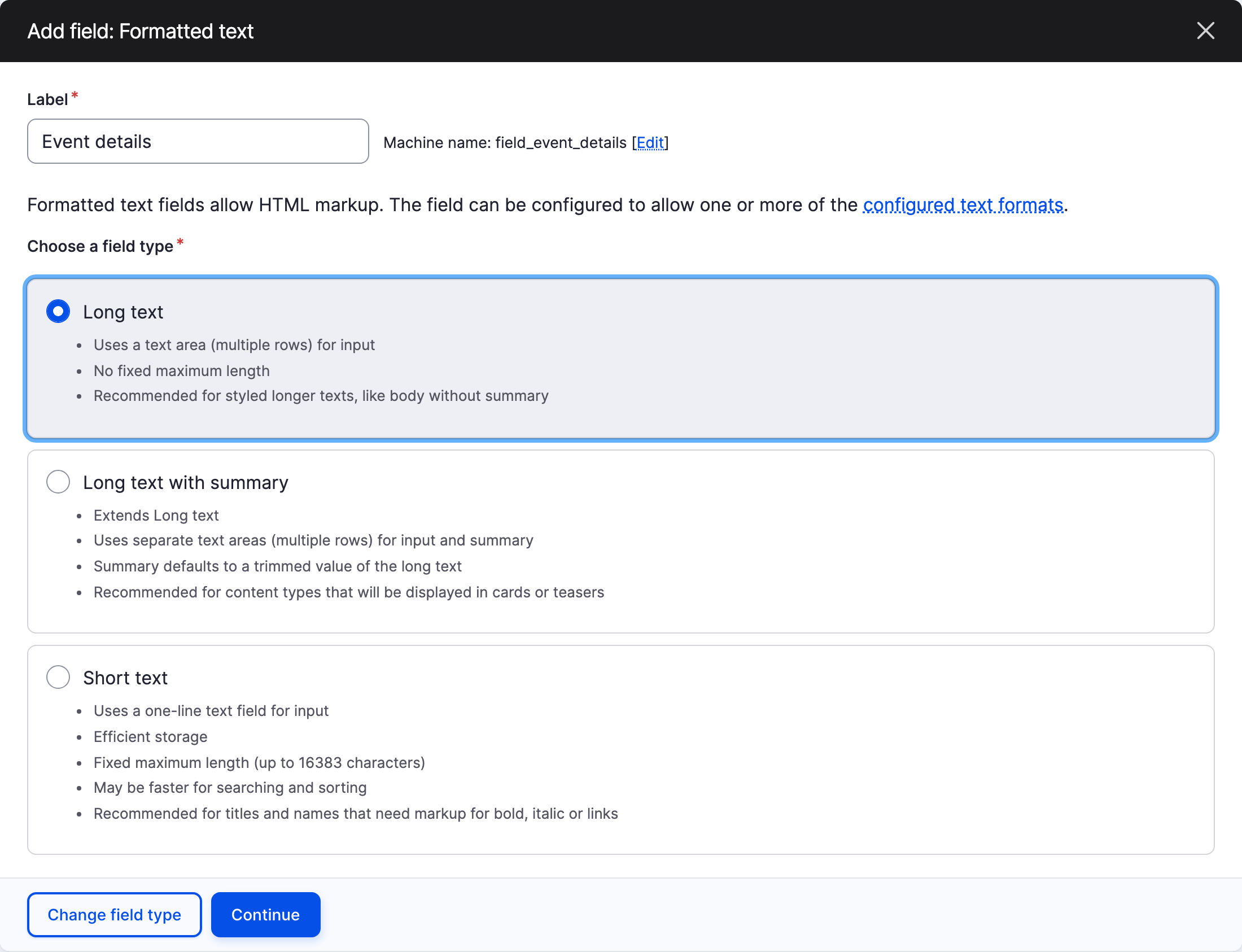 Drupal's Add field dialog for Formatted text, with the Label Event details and the Long text field type selected above Long text with summary and Short text