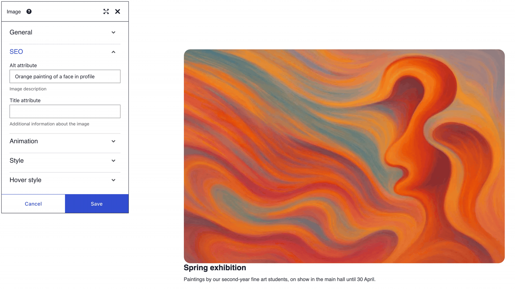An Image element's SEO panel with the Alt attribute Orange painting of a face in profile, beside that painting and its Spring exhibition caption