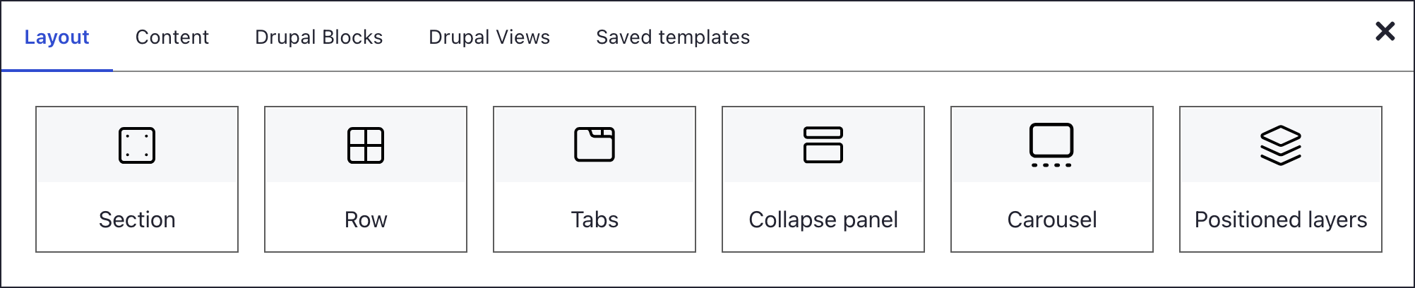 The element picker on its Layout tab with the six layout elements: Section, Row, Tabs, Collapse panel, Carousel and Positioned layers