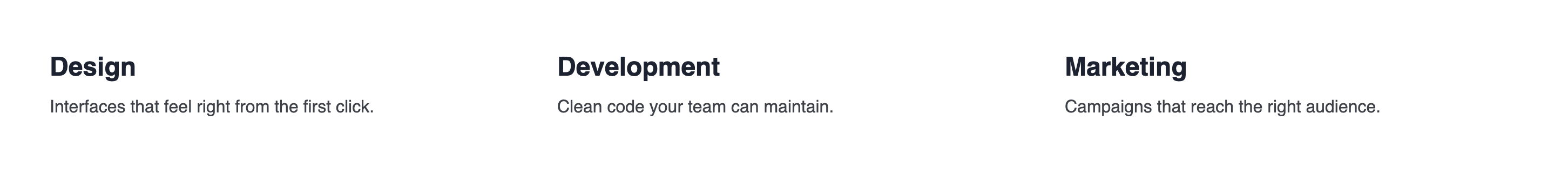 A row of three equal columns, each with a service heading, Design, Development and Marketing, and one line of text